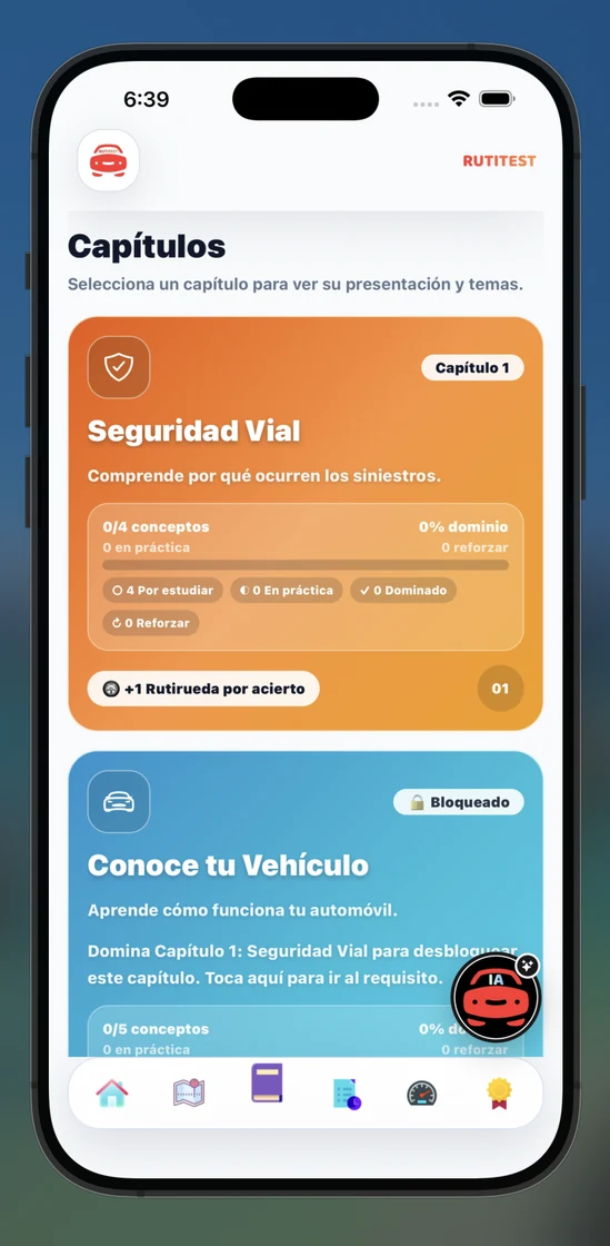 RutiTest: capítulos de estudio y progreso del alumno